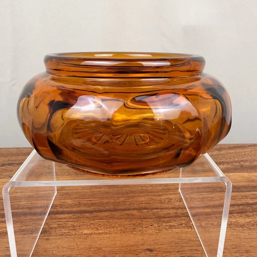 Vintage Amber Glass Powder Jar Base Sunburst Bottom Trinket Dish Honey Gold